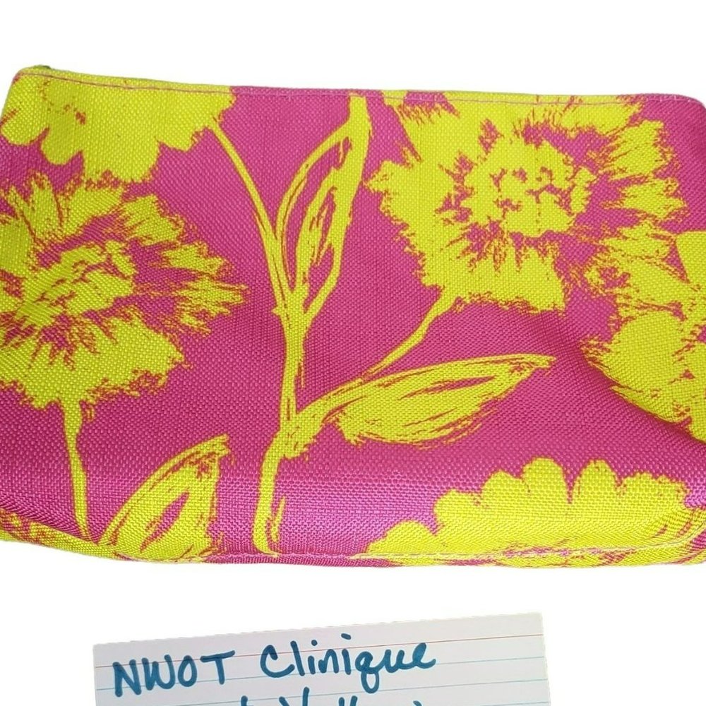Clinique Fuschia with Neon Lemon Flowers Cosmetic Makeup Travel Bag
